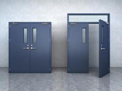Blue Steel Doors With Double And Open Single Design In Gray Interior 3d model