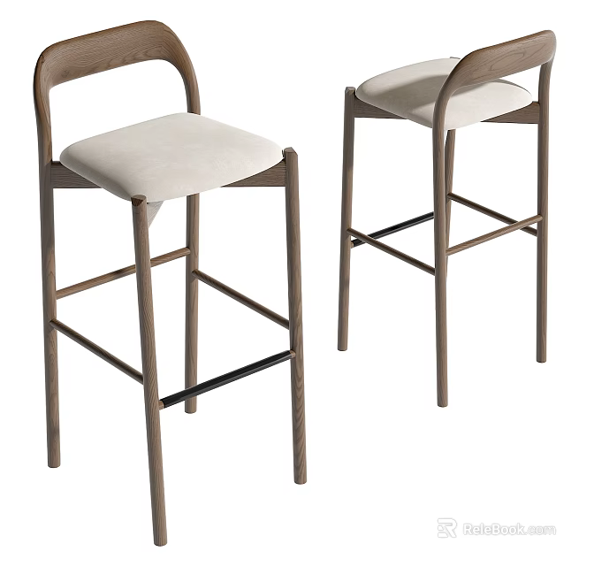 Elegant Modern Bar Stools Featuring Wooden Frame Upholstered Seat And Metal Crossbar Design 3d model 