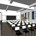 School Classroom Learning Space With Desks Chairs Blackboard Bookshelves And Globe
