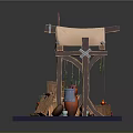 Wooden Market Stall Design With Canvas Roof String Lights Displayed Goods And Potted Plants