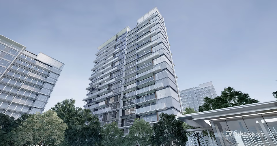 Modern High Rise Apartment Building With Glass Facade Trees And Surrounding Structures 3d model 