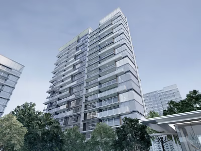 Modern High Rise Apartment Building With Glass Facade Trees And Surrounding Structures 3d model