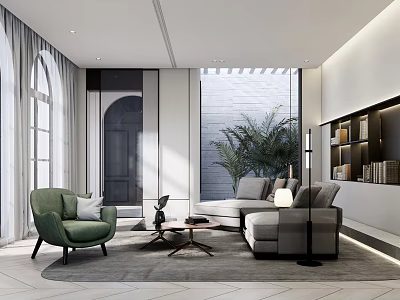 Modern Living Room With Green Armchair Grey Sofa Coffee Table And Floor Lamp 3d model