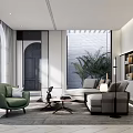 Modern Living Room With Green Armchair Grey Sofa Coffee Table And Floor Lamp