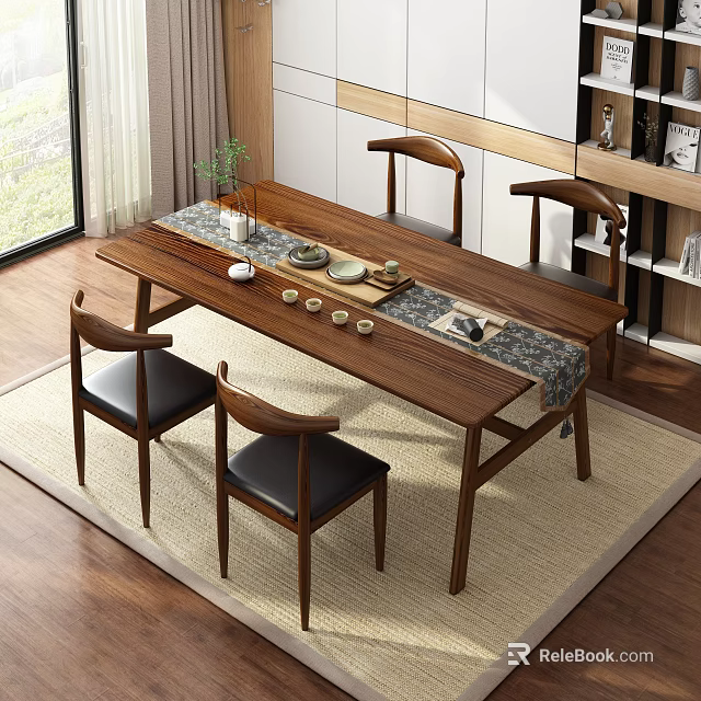 Modern Minimalist Solid Wood Tea Table And Chairs Indoor With Tea Sets And Green Plant 3d model 