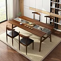 Modern Minimalist Solid Wood Tea Table And Chairs Indoor With Tea Sets And Green Plant