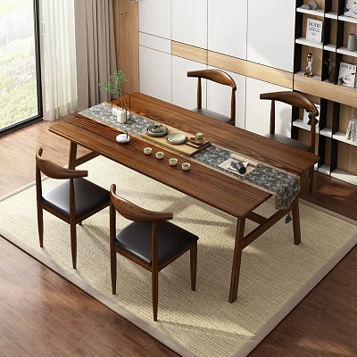 Modern Minimalist Solid Wood Tea Table And Chairs Indoor With Tea Sets And Green Plant 3d model
