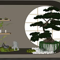 Zen Style Showcase With Circular Window Bonsai Pine Tree Stone Lion Statue Small Plants Moss 3d model