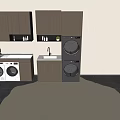 Modern Laundry Room With Stackable Washing Machines Wooden Cabinets And Faucet