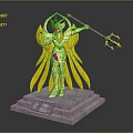 Golden Armored Statue With Winged Design Holding Trident On Stone Pedestal
