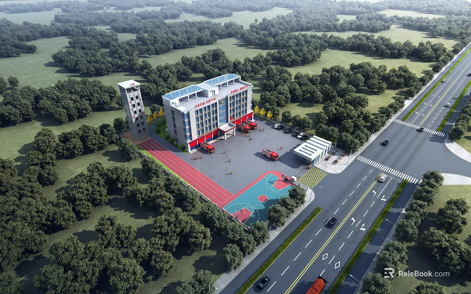 Modern Fire Station Building With Fire Trucks Training Area And Green Surroundings 3d model 