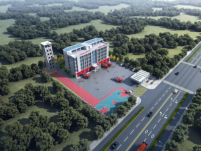 Modern Fire Station Building With Fire Trucks Training Area And Green Surroundings 3d model