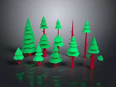 Decorative Green Tree Models with Red Trunks Various Sizes on Dark Background with Reflections 3d model