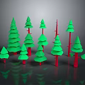 Decorative Green Tree Models with Red Trunks Various Sizes on Dark Background with Reflections 3d model