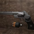 Detailed Classic Revolver With Black Grip Bullets And Wooden Background