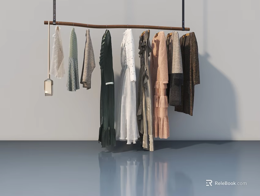 Hanging Clothes On Wooden Rod Clothing Rack With Black Ropes White Wall Gray Floor 3d model 
