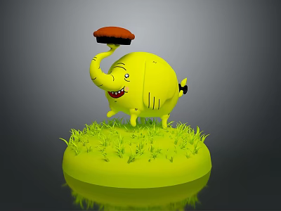 Cartoon Style Yellow Elephant Figurine With Red Object On Trunk And Green Grass Base 3d model
