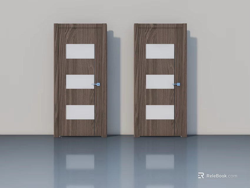 Double Wooden Hinged Doors With Three Glass Panels Interior Design Style 3d model