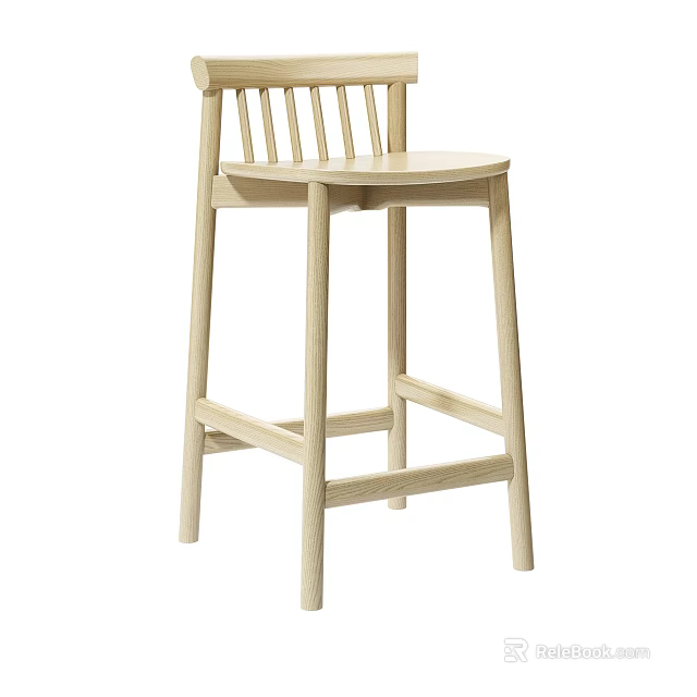 Light Wood Bar Stool With Slat Back And Straight Legs For Modern Kitchen 3d model 