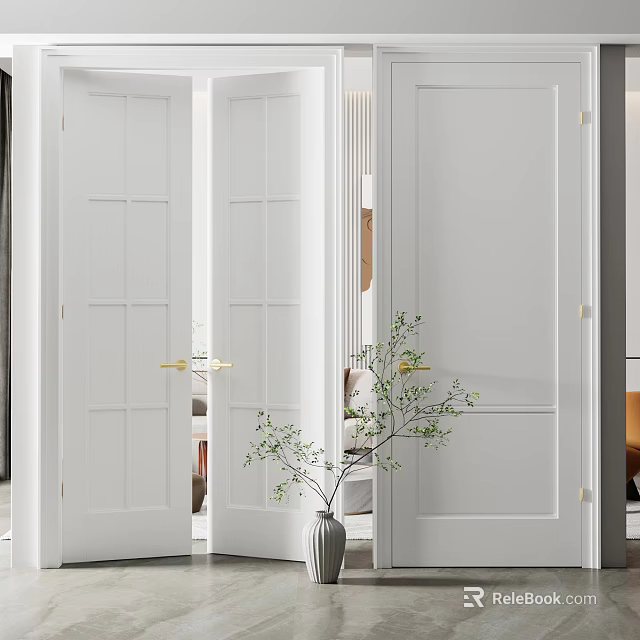White Double Doors With Gold Handles And Decorative Plants In Modern Home Interior 3d model 