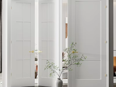 White Double Doors With Gold Handles And Decorative Plants In Modern Home Interior 3d model