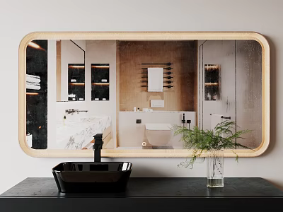 Wooden Frame Bathroom Mirror With Black Sink Green Plant And Reflected Bathroom Interior 3d model