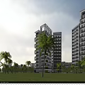 Modern High Rise Residential Building with Green Plants Palm Trees and Lawn