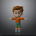 3D Cartoon Child With Brown Hair Blue Eyes Red Jacket Green Pants Arms Outstretched