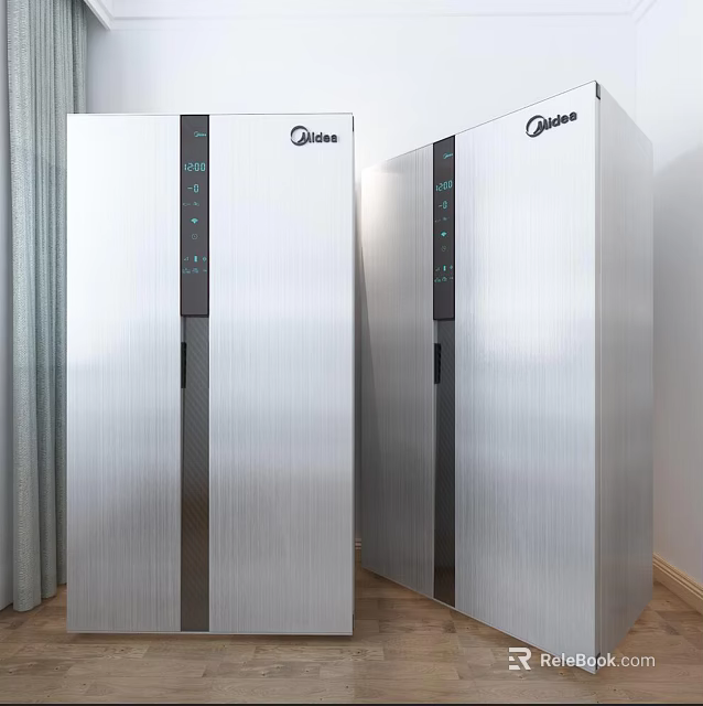 Midea Double Door Refrigerators With Silver Brushed Metal And Digital Control Panel In Home Interior 3d model 