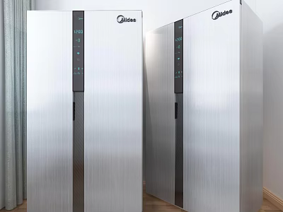 Midea Double Door Refrigerators With Silver Brushed Metal And Digital Control Panel In Home Interior 3d model