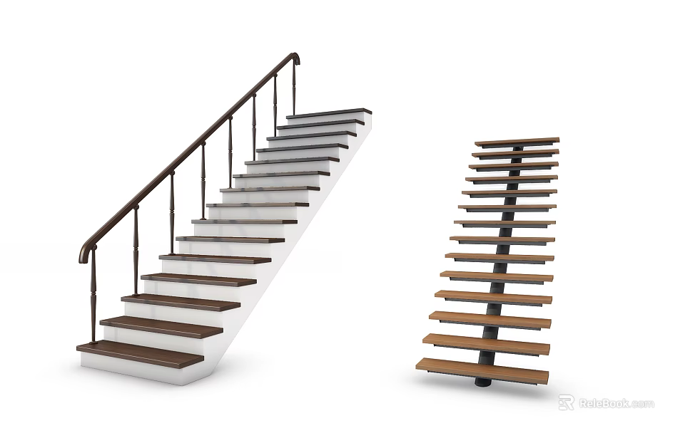 Modern Wooden Staircase Design With Metal Handrail And Open Tread Structure 3d model 
