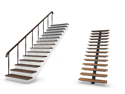 Modern Wooden Staircase Design With Metal Handrail And Open Tread Structure 3d model