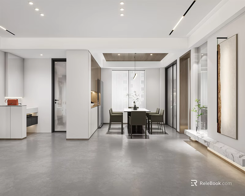 Modern Living Dining Room Interior Design With Open Space White Cabinets And Dining Table 3d model