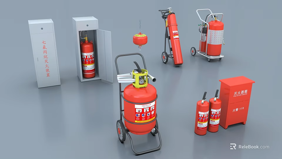 Diverse Fire Safety Equipment Including Wheeled Portable Extinguishers Cabinets And Alarm Bells 3d model 