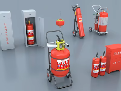 Diverse Fire Safety Equipment Including Wheeled Portable Extinguishers Cabinets And Alarm Bells 3d model