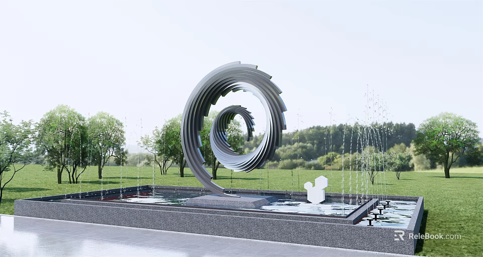 Spiral Metal Landscape Sculpture in Pool Center with Surrounding Fountains and Green Trees 3d model 