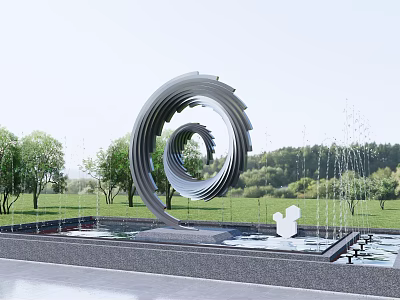 Spiral Metal Landscape Sculpture in Pool Center with Surrounding Fountains and Green Trees 3d model