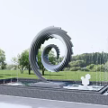 Spiral Metal Landscape Sculpture in Pool Center with Surrounding Fountains and Green Trees