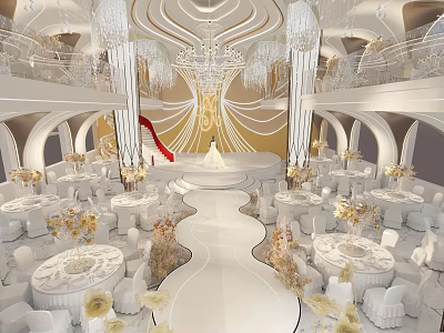 Luxurious Banquet Hall Interior with Crystal Chandeliers Elegant Stage Round Dining Tables and Floral Decorations 3d model
