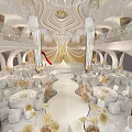 Luxurious Banquet Hall Interior with Crystal Chandeliers Elegant Stage Round Dining Tables and Floral Decorations