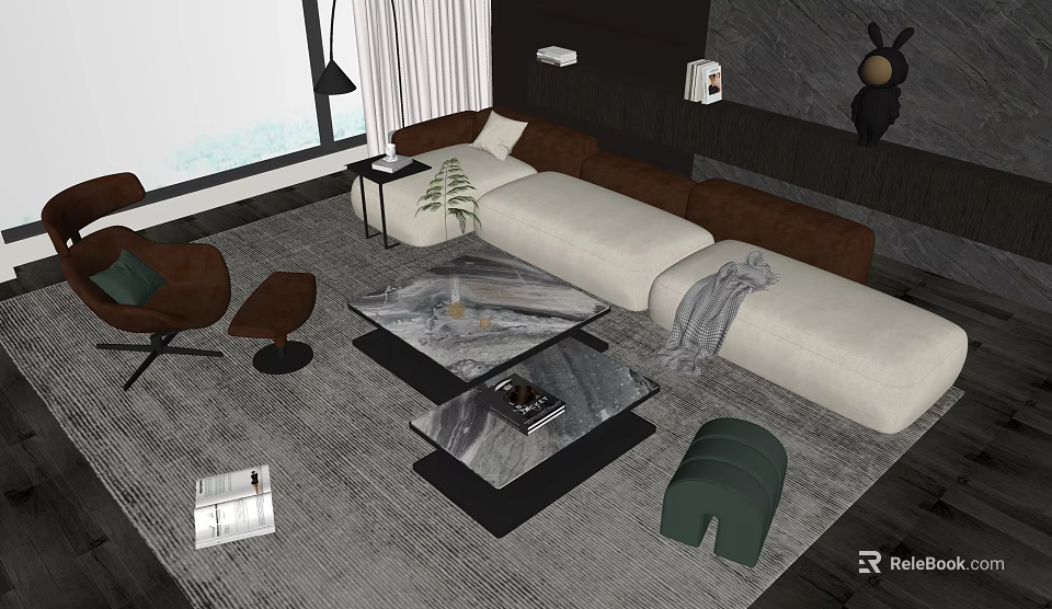 Modern Living Room Sofa Coffee Table Set With Marble Top And Fabric Upholstery 3d model 