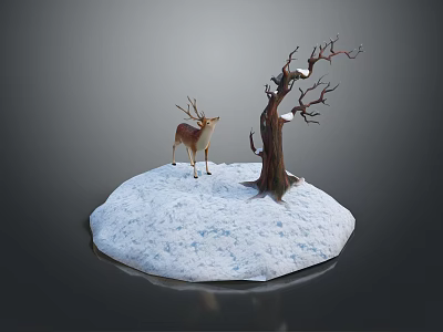 Lifelike Deer Standing By Bare Tree On Snowy Winter Ground Scene 3d model