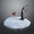 Lifelike Deer Standing By Bare Tree On Snowy Winter Ground Scene