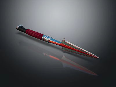 Tactical Dagger With Red Handle Grip Silver Shiny Blade And Metal Decoration On Dark Background 3d model
