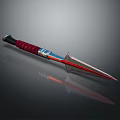 Tactical Dagger With Red Handle Grip Silver Shiny Blade And Metal Decoration On Dark Background