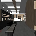 Modern Showroom with Wooden Walls Red Accents White Reception Desk and Display Shelves