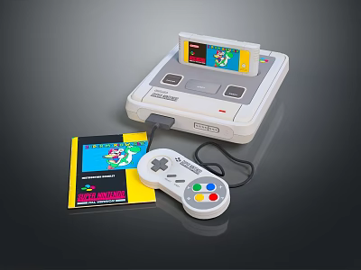 Retro Entertainment Electronics Gaming Console with Game Controller and Super Mario World Cartridge 3d model