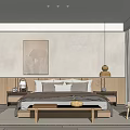 Modern Bedroom Interior Design With Wooden Accents Decorative Painting And Pendant Lamp