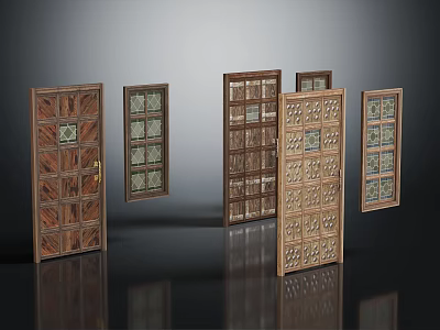 Wooden Room Dividers With Decorative Carvings And Glass Panels In Various Interior Designs 3d model