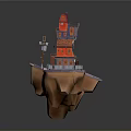 Red Multi Story Building Floating On Small Island With Windows And Decorative Details